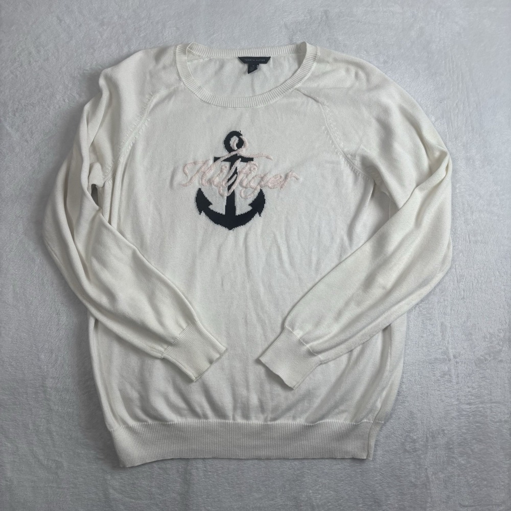 Tommy Hilfiger Anchor Embroidered Long Sleeve Pullover White Knit Sweater XL